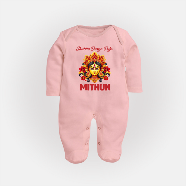 Shubho Durga Puja Sleep Suit | Custom Baby Sleep Suit for Durga Celebration - BABY PINK - New Born (Chest 7.5")
