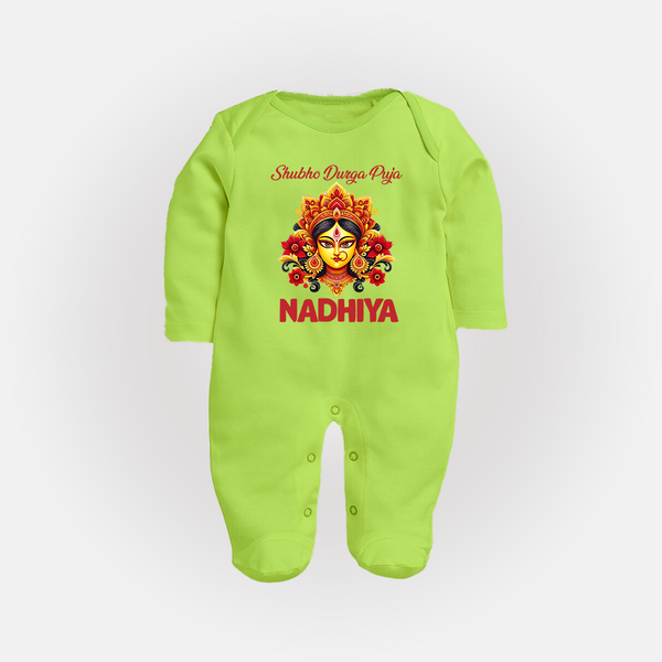 Shubh Durga Puja Goddess Face Art Full Body Suit - LIME GREEN - New Born (Chest 7.5")