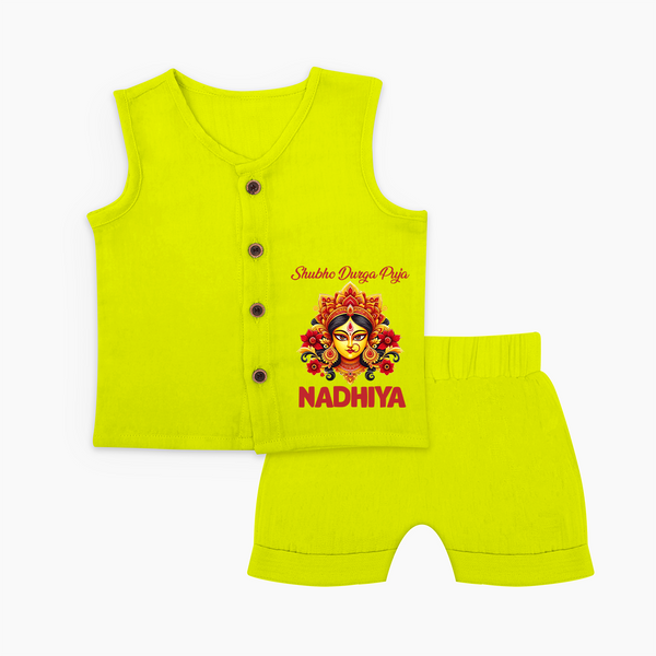 Shubh Durga Puja Goddess Face Art Jabla Set - LIME GREEN - 0 - 3 Months Old (Chest 9.8")