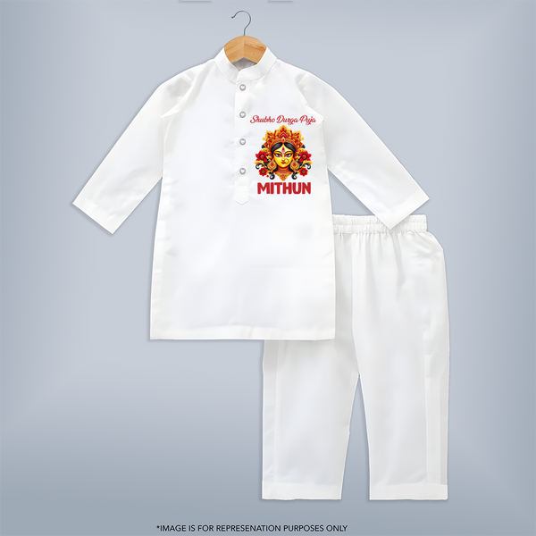 Shubho Durga Puja Kurta Set | Custom Baby Kurta Set for Durga Celebration - WHITE - 3 - 6 Months Old (Chest 24", Kurta Length 14'', Waist 19", Pant Length 14")