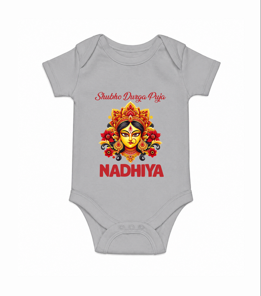 Shubh Durga Puja Goddess Face Art Romper - GREY - New Born (Chest 14")
