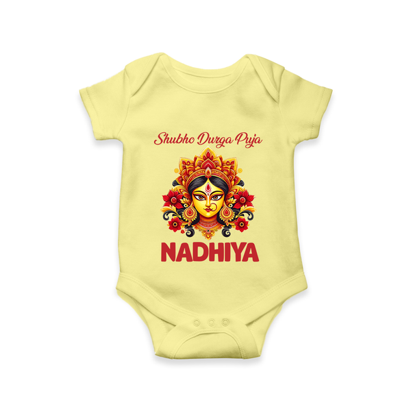 Shubh Durga Puja Goddess Face Art Romper - PASTEL YELLOW - New Born (Chest 14")