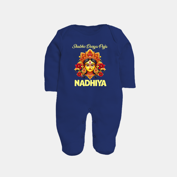 Shubh Durga Puja Goddess Face Art Full Body Suit - NAVY BLUE - New Born (Chest 7.5")