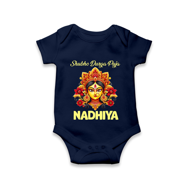 Shubh Durga Puja Goddess Face Art Romper - NAVY BLUE - New Born (Chest 14")