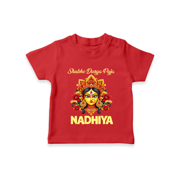 Shubh Durga Puja Goddess Face Art  T Shirt  - RED - 0-5 Months Old (Chest 17")