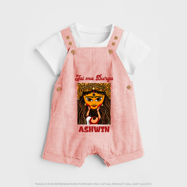 Jai Ma Durga Dungaree Set | Custom Baby Dungaree Set for Durga Blessings - PEACH - 0 - 5 Months Old (Chest 18")