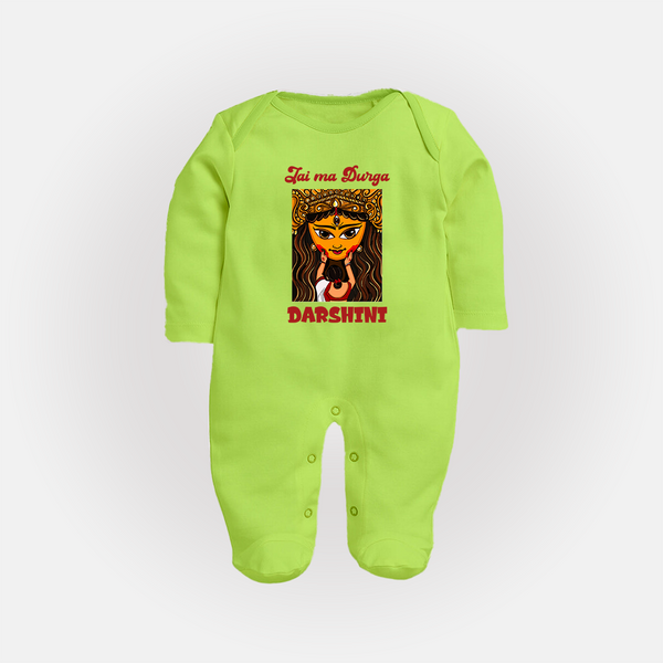 Jai Maa Durga Traditional Artwork Full Body Suit - LIME GREEN - New Born (Chest 7.5")