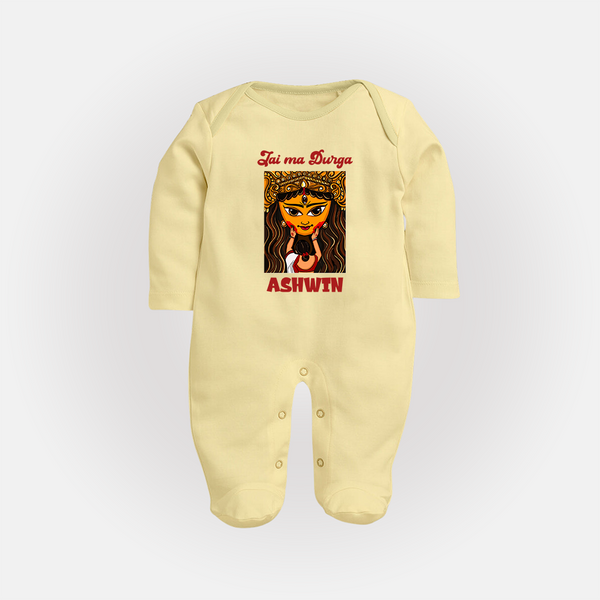 Jai Ma Durga Sleep Suit | Custom Baby Sleep Suit for Durga Blessings - PASTEL YELLOW - New Born (Chest 7.5")