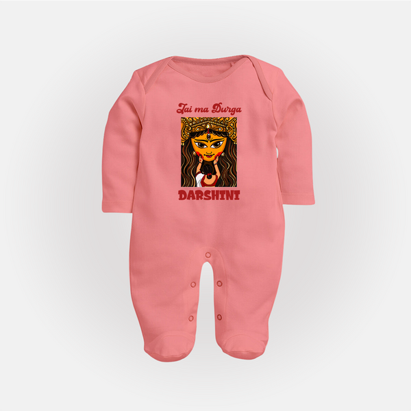 Jai Maa Durga Traditional Artwork Full Body Suit - PEACH - New Born (Chest 7.5")