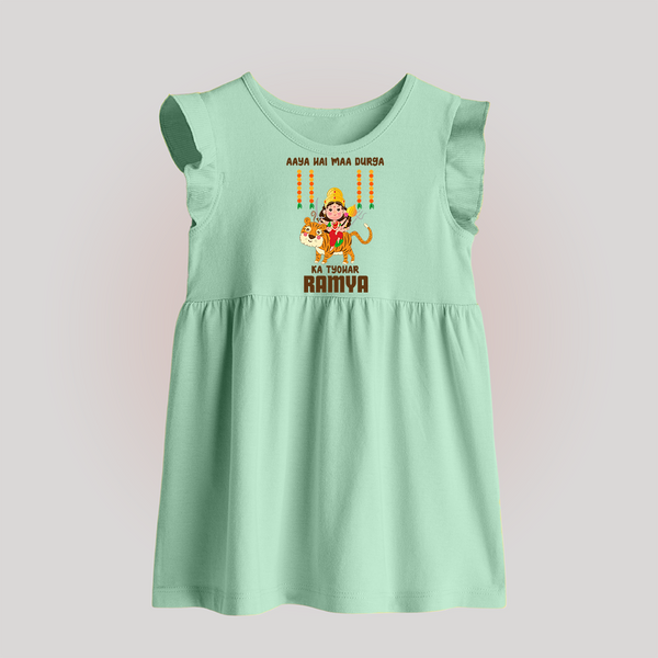 Aaya Hai Maa Durga Ka Utsav Baby Frock | Personalized Baby Frock for Navratri - MINT GREEN - 0 - 3 Months Old (Chest 17")