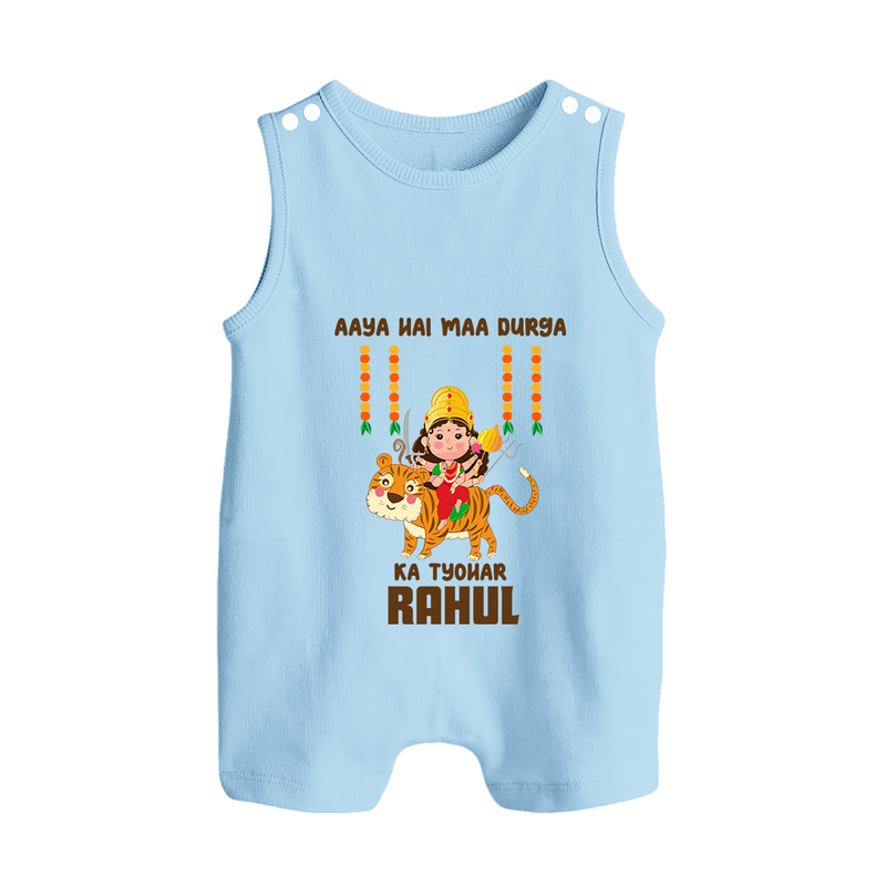 Aaya Hai Maa Durga Ka Utsav Romper Suit / Sleeveless Romper | Personalized Baby Romper Suit / Sleeveless Romper for Navratri - BABY BLUE - 0 - 5 Months Old (Chest 18")