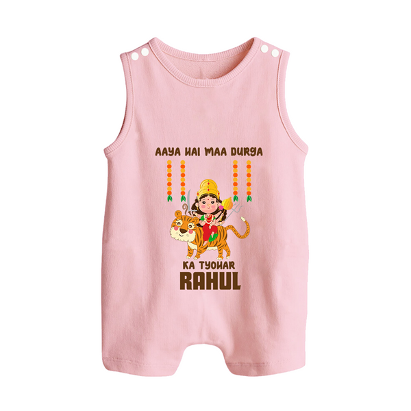 Aaya Hai Maa Durga Ka Utsav Romper Suit / Sleeveless Romper | Personalized Baby Romper Suit / Sleeveless Romper for Navratri - BABY PINK - 0 - 5 Months Old (Chest 18")