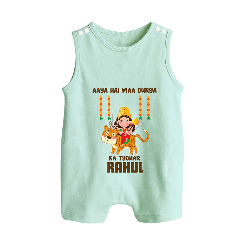 Aaya Hai Maa Durga Ka Utsav Romper Suit / Sleeveless Romper | Personalized Baby Romper Suit / Sleeveless Romper for Navratri - MINT GREEN - 0 - 5 Months Old (Chest 18")