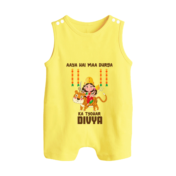 Aaya Hai Maa Durga Festive Celebration Button Romper - PASTEL YELLOW - New Born (Chest 18")