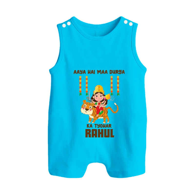 Aaya Hai Maa Durga Ka Utsav Romper Suit / Sleeveless Romper | Personalized Baby Romper Suit / Sleeveless Romper for Navratri - SKY BLUE - 0 - 5 Months Old (Chest 18")