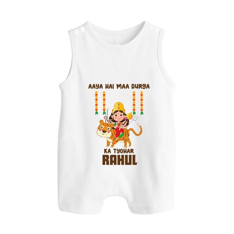 Aaya Hai Maa Durga Ka Utsav Romper Suit / Sleeveless Romper | Personalized Baby Romper Suit / Sleeveless Romper for Navratri - WHITE - 0 - 5 Months Old (Chest 18")