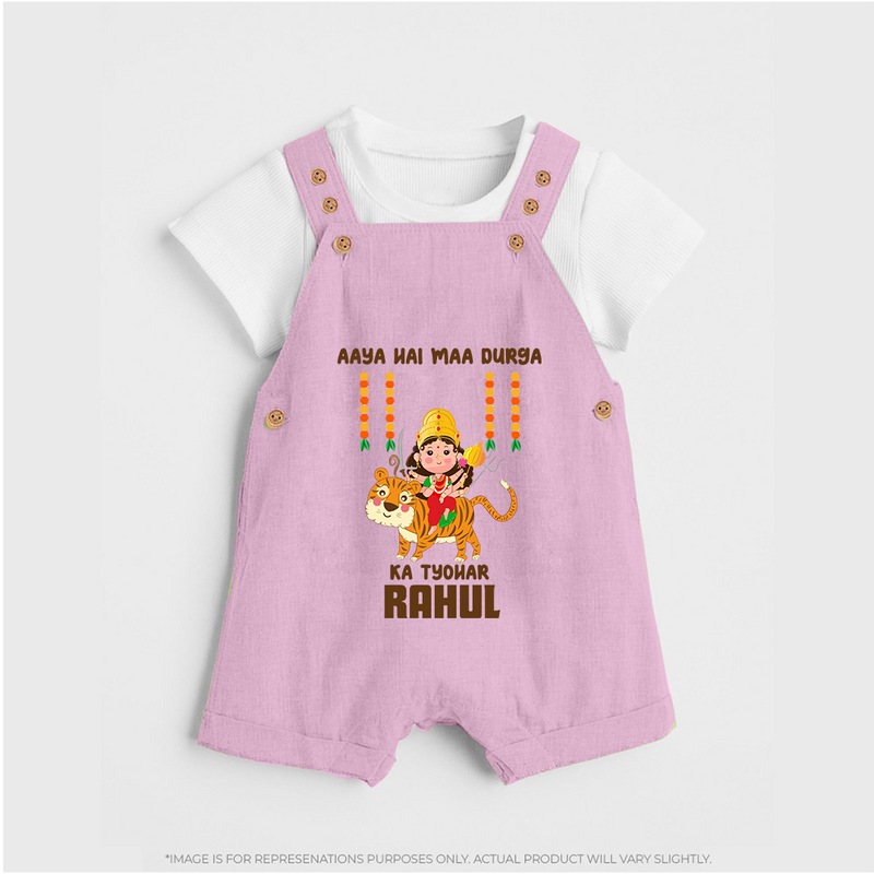 Aaya Hai Maa Durga Ka Utsav Dungaree Set | Personalized Baby Dungaree Set for Navratri - BABY PINK - 0 - 5 Months Old (Chest 18")