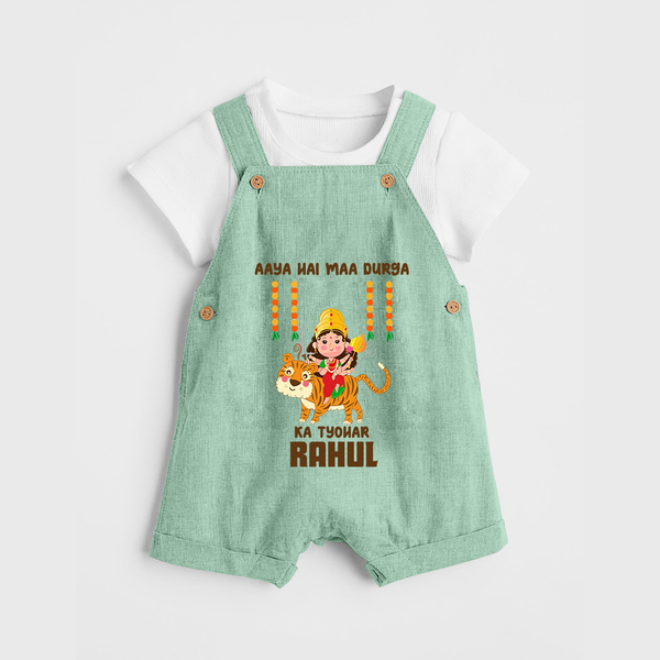 Aaya Hai Maa Durga Ka Utsav Dungaree Set | Personalized Baby Dungaree Set for Navratri - MINT GREEN - 0 - 5 Months Old (Chest 18")