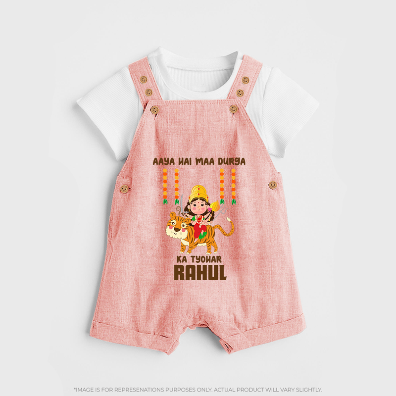 Aaya Hai Maa Durga Ka Utsav Dungaree Set | Personalized Baby Dungaree Set for Navratri - PEACH - 0 - 5 Months Old (Chest 18")