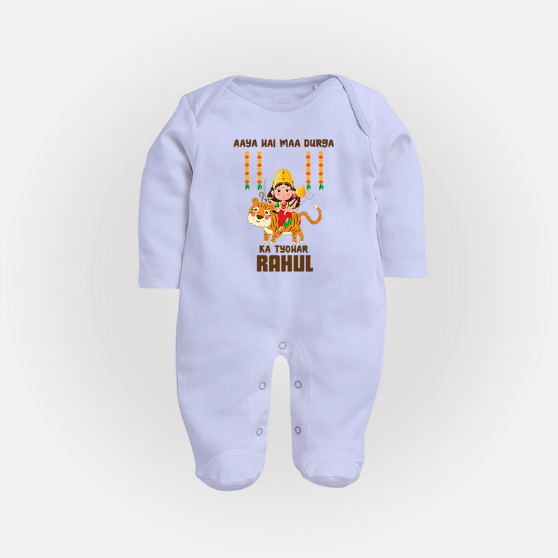 Aaya Hai Maa Durga Ka Utsav Sleep Suit | Personalized Baby Sleep Suit for Navratri - BABY BLUE - New Born (Chest 7.5")