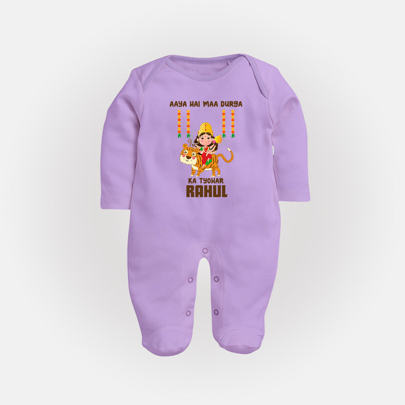 Aaya Hai Maa Durga Ka Utsav Sleep Suit | Personalized Baby Sleep Suit for Navratri - LILAC - New Born (Chest 7.5")