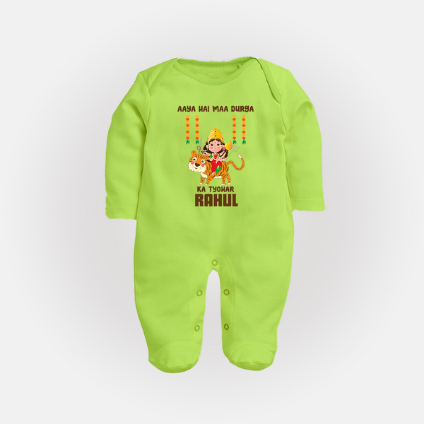 Aaya Hai Maa Durga Ka Utsav Sleep Suit | Personalized Baby Sleep Suit for Navratri - LIME GREEN - New Born (Chest 7.5")