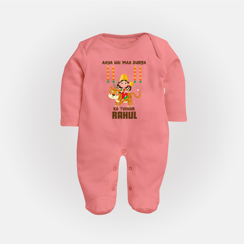 Aaya Hai Maa Durga Ka Utsav Sleep Suit | Personalized Baby Sleep Suit for Navratri - PEACH - New Born (Chest 7.5")