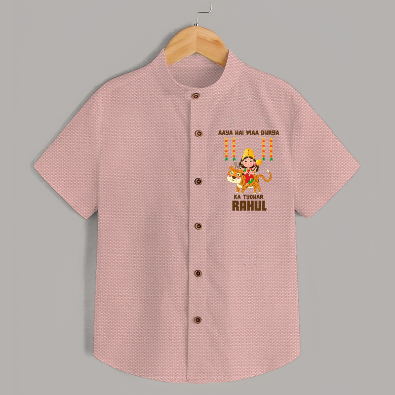 Aaya Hai Maa Durga Ka Utsav Shirt | Personalized Baby Shirt for Navratri - PEACH - 0 - 6 Months Old (Chest 23")