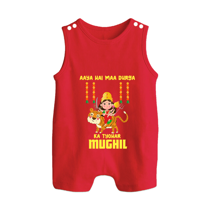 Aaya Hai Maa Durga Ka Utsav Romper Suit / Sleeveless Romper | Personalized Baby Romper Suit / Sleeveless Romper for Navratri - RED - 0 - 5 Months Old (Chest 18")