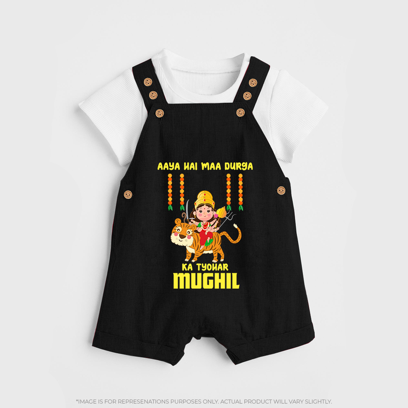 Aaya Hai Maa Durga Ka Utsav Dungaree Set | Personalized Baby Dungaree Set for Navratri - BLACK - 0 - 5 Months Old (Chest 18")