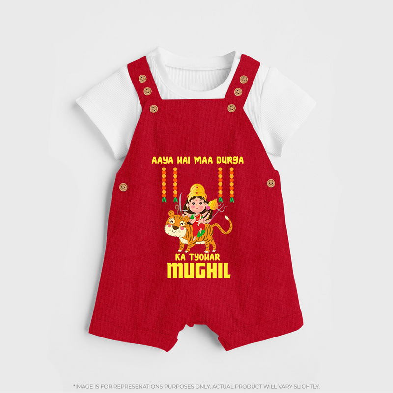 Aaya Hai Maa Durga Ka Utsav Dungaree Set | Personalized Baby Dungaree Set for Navratri - RED - 0 - 5 Months Old (Chest 18")