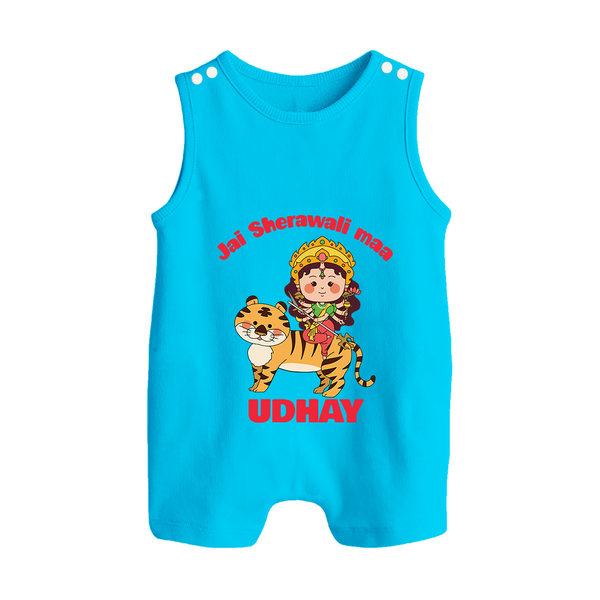 Jai Sherawali Maa Romper Suit / Sleeveless Romper | Custom Baby Romper Suit / Sleeveless Romper for Festival Devotion - SKY BLUE - 0 - 5 Months Old (Chest 18")