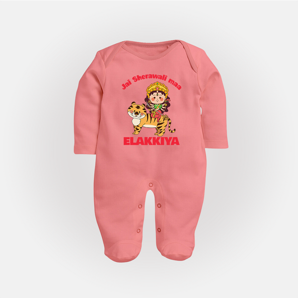 Jai Sherawali Maa Divine Tiger Theme Full Body Suit - PEACH - New Born (Chest 7.5")