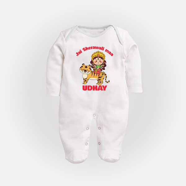 Jai Sherawali Maa Sleep Suit | Custom Baby Sleep Suit for Festival Devotion - WHITE - New Born (Chest 7.5")