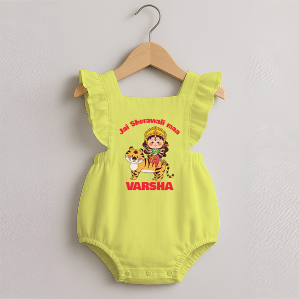 Jai Sherawali Maa Romper Frock | Custom Baby Romper Frock for Festival Devotion - PASTEL YELLOW - 0 - 3 Months Old (Chest 19")