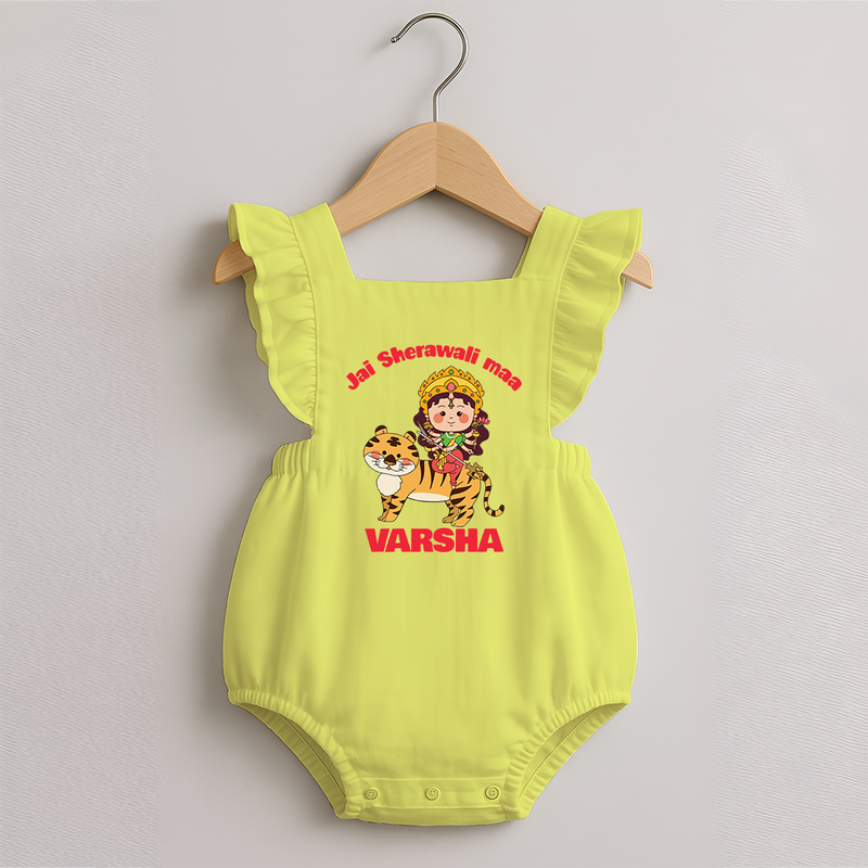 Jai Sherawali Maa Romper Frock | Custom Baby Romper Frock for Festival Devotion - PASTEL YELLOW - 0 - 3 Months Old (Chest 19")