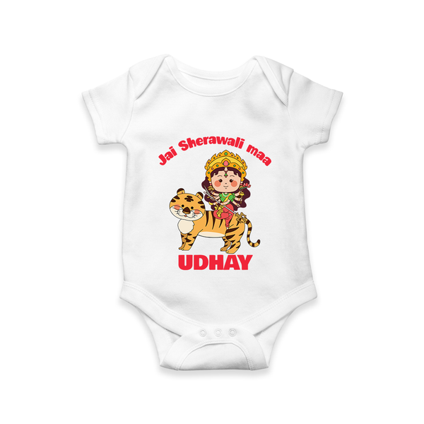 Jai Sherawali Maa Romper | Custom Baby Romper for Festival Devotion - WHITE - New Born (Chest 14")