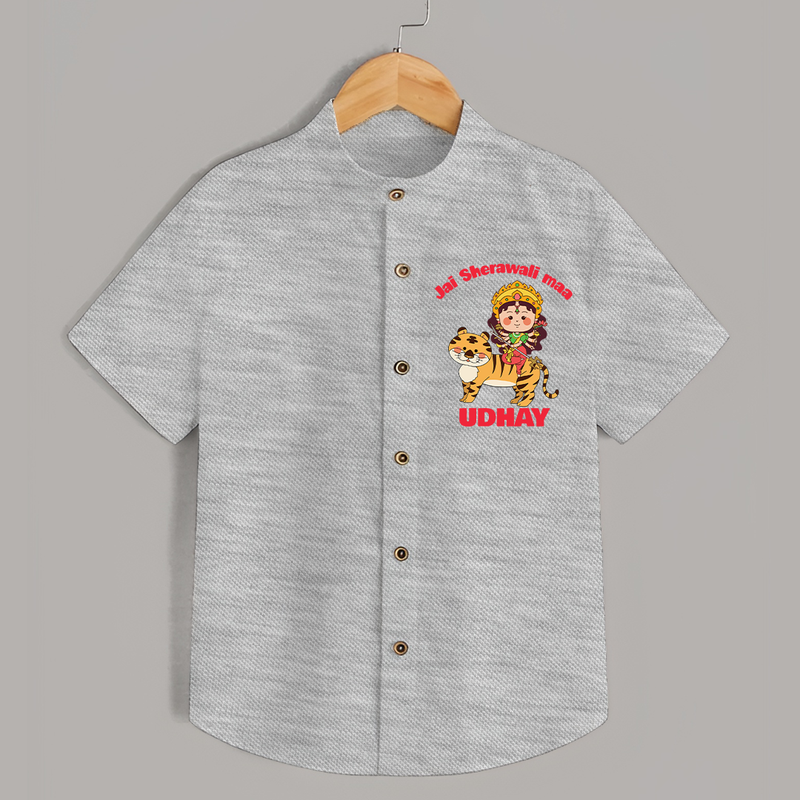 Jai Sherawali Maa Shirt | Custom Baby Shirt for Festival Devotion - GREY - 0 - 6 Months Old (Chest 23")