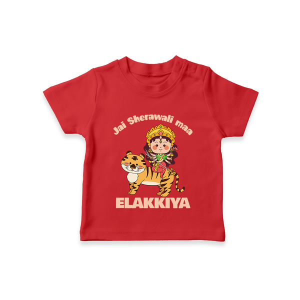 Jai Sherawali Maa Divine Tiger Theme  T Shirt  - RED - 0-5 Months Old (Chest 17")