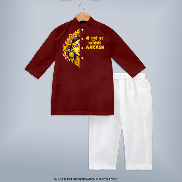Maa Durga Artistic Face Devotional Kurta - MAROON - 3 - 6 Months Old (Chest 24", Kurta Length 14'', Waist 19", Pant Length 14")