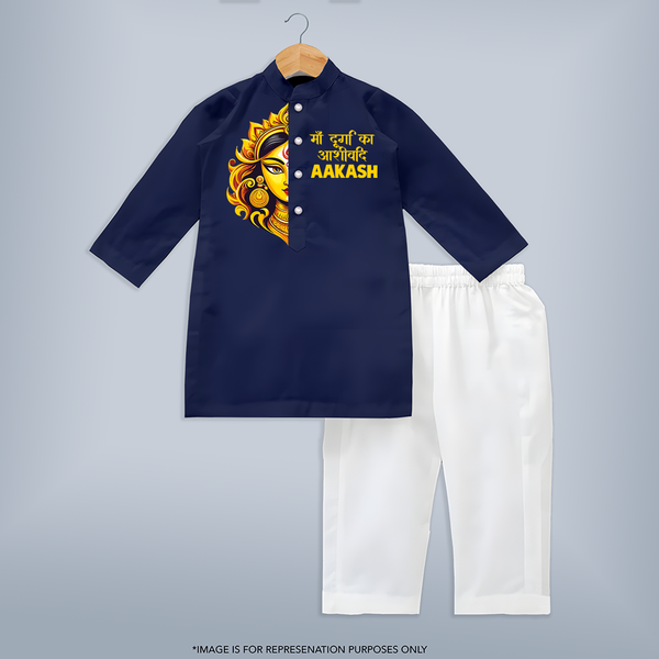 Maa Durga Artistic Face Devotional Kurta - NAVY BLUE - 3 - 6 Months Old (Chest 24", Kurta Length 14'', Waist 19", Pant Length 14")