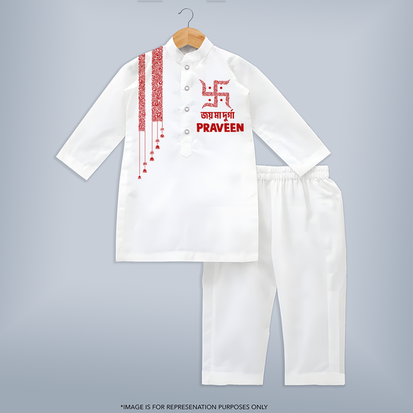 Maa Durga Minimal Art Devotional Kurta - WHITE - 3 - 6 Months Old (Chest 24", Kurta Length 14'', Waist 19", Pant Length 14")