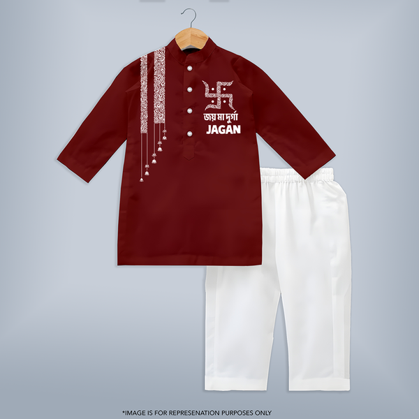 Durga Puja Celebration | Custom Kids Kurta for Festival Devotion - MAROON - 3 - 6 Months Old (Chest 24", Kurta Length 14'', Waist 19", Pant Length 14")