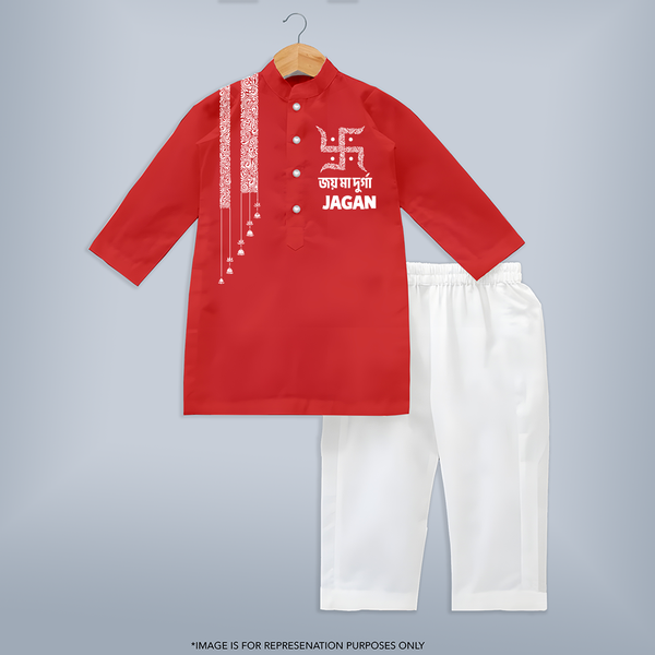Maa Durga Minimal Art Devotional Kurta - RED - 3 - 6 Months Old (Chest 24", Kurta Length 14'', Waist 19", Pant Length 14")