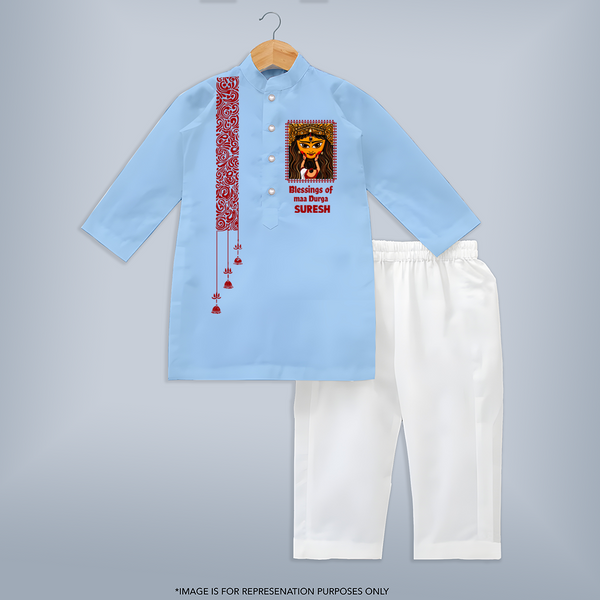 Maa Durga Blessings Typography Kurta - BABY BLUE - 3 - 6 Months Old (Chest 24", Kurta Length 14'', Waist 19", Pant Length 14")