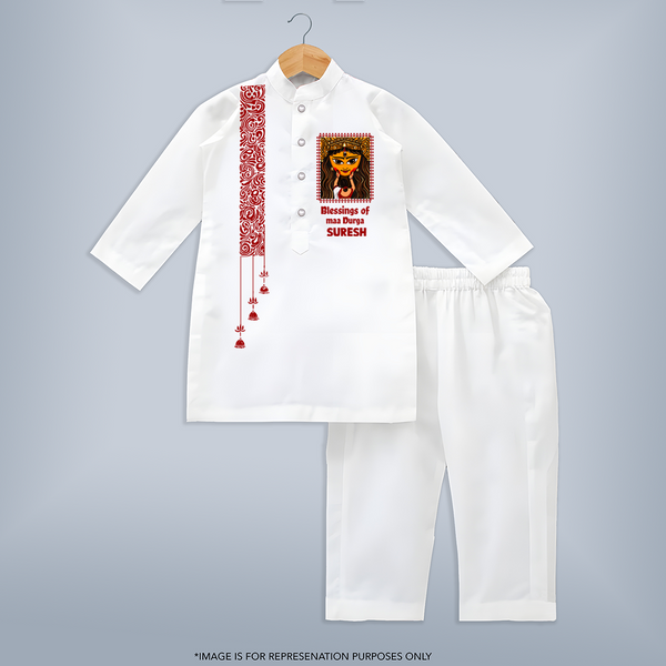 Maa Durga Blessings Typography Kurta - WHITE - 3 - 6 Months Old (Chest 24", Kurta Length 14'', Waist 19", Pant Length 14")