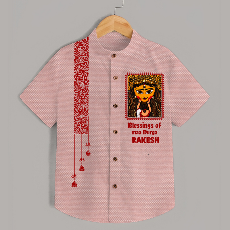 Blessings Of Maa Durga | Personalized Kids Shirt for Durga Celebration - PEACH - 0 - 6 Months Old (Chest 23")