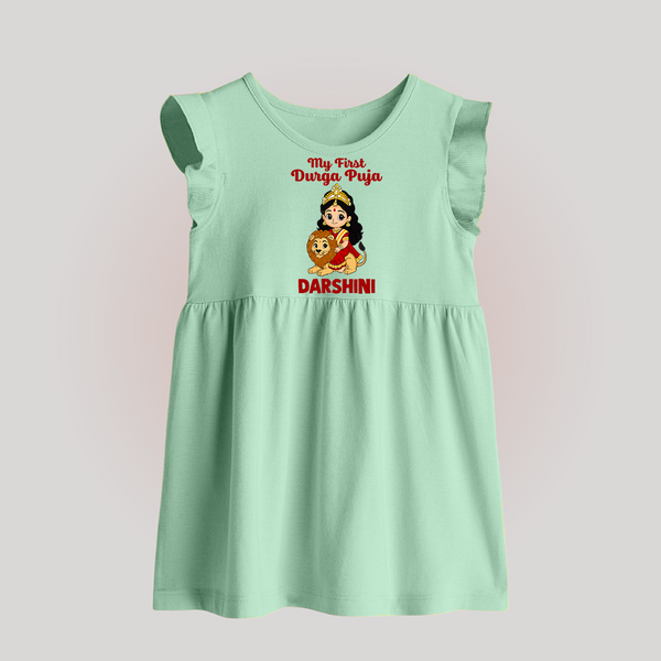My First Durga Puja Goddess & Lion Baby Baby Frock - MINT GREEN - 0 - 3 Months Old (Chest 17")