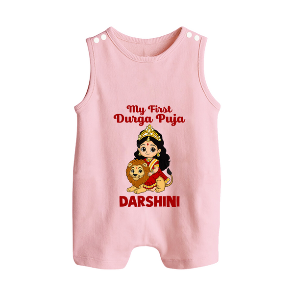 My First Durga Puja Goddess & Lion Baby Button Romper - BABY PINK - New Born (Chest 18")