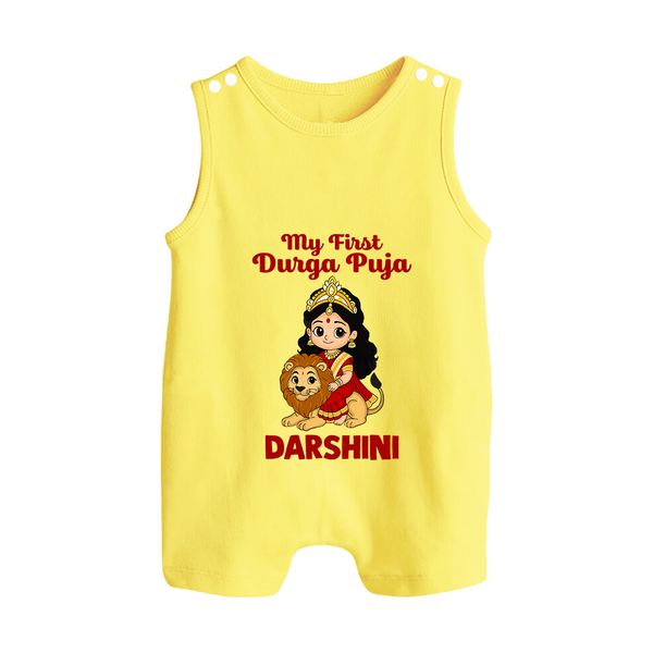 My First Durga Puja Goddess & Lion Baby Button Romper - PASTEL YELLOW - New Born (Chest 18")